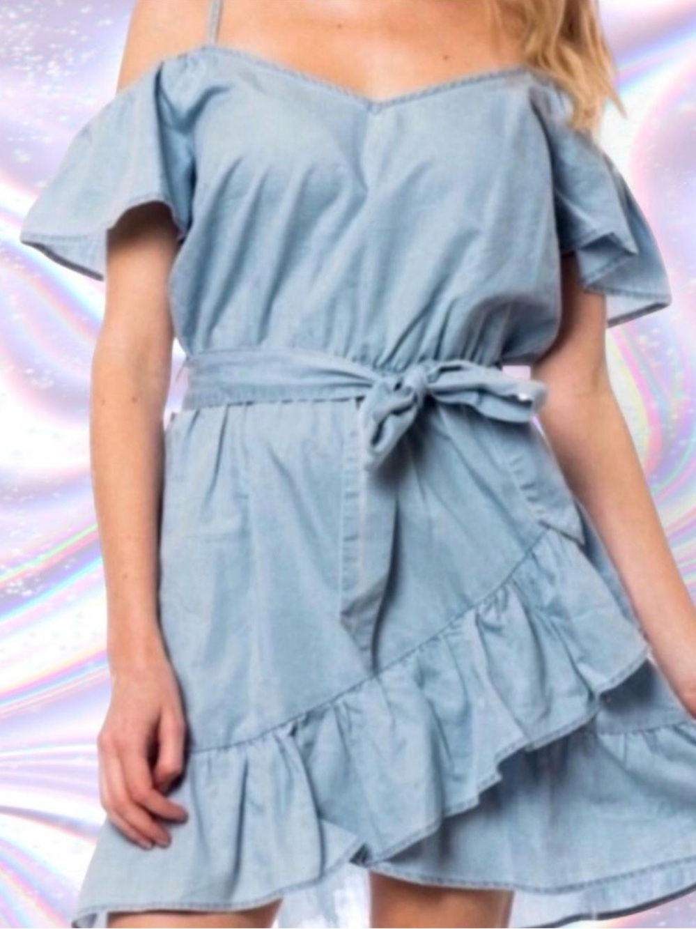 Love Tree Light Blue Off-Shoulder Ruffle Mini Dress